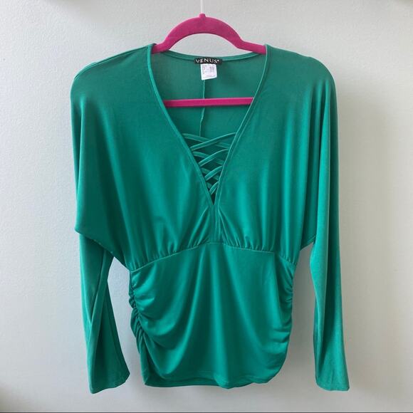 NWOT VENUS Women's Green Lace Up Criss Cross Front Blouse Cinched Waist Size M - Picture 1 of 3